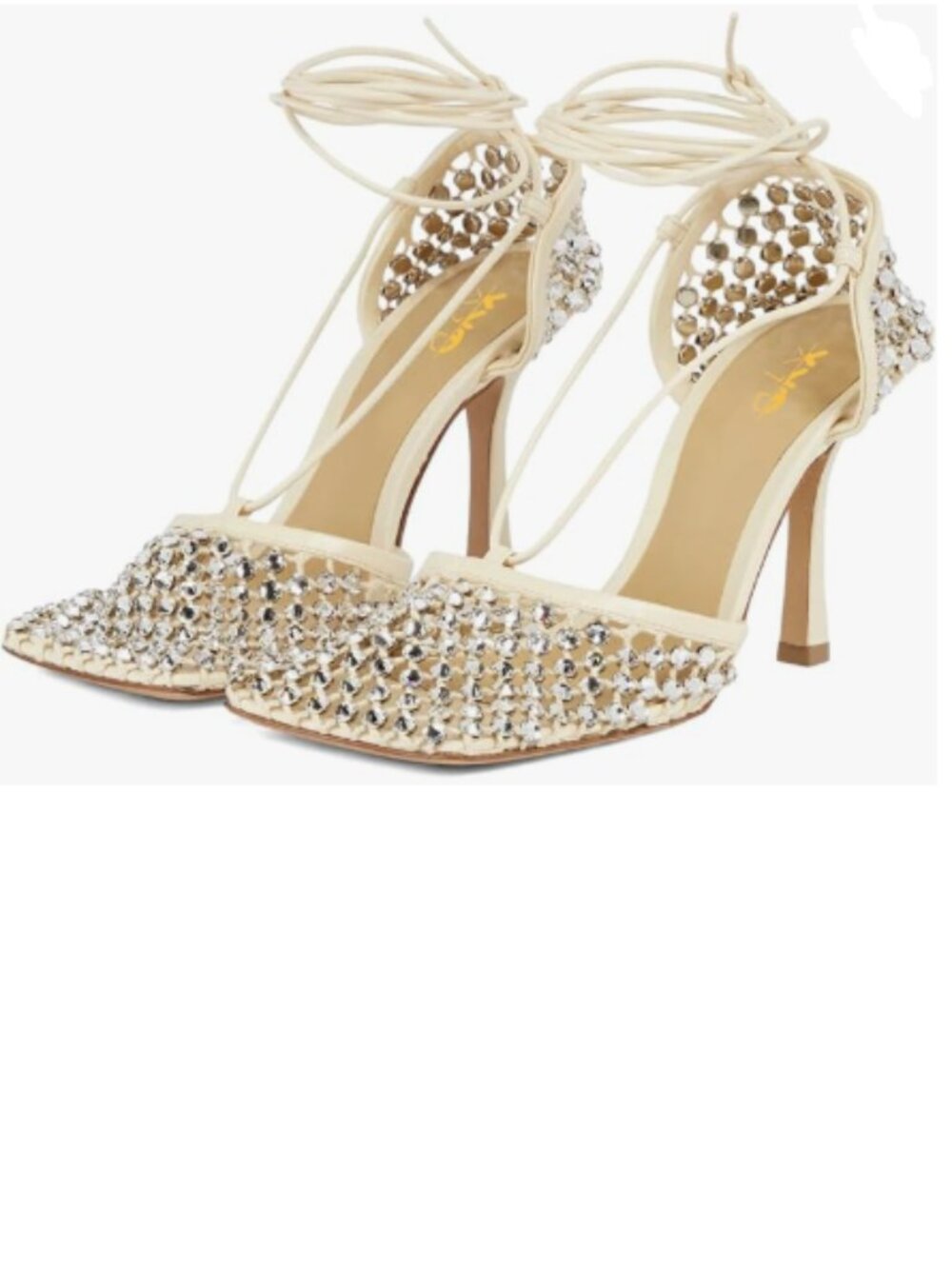 XYD Beige Square Toe Rhinestones Studded Fishnet Openwork Ankle Wrap Sandals